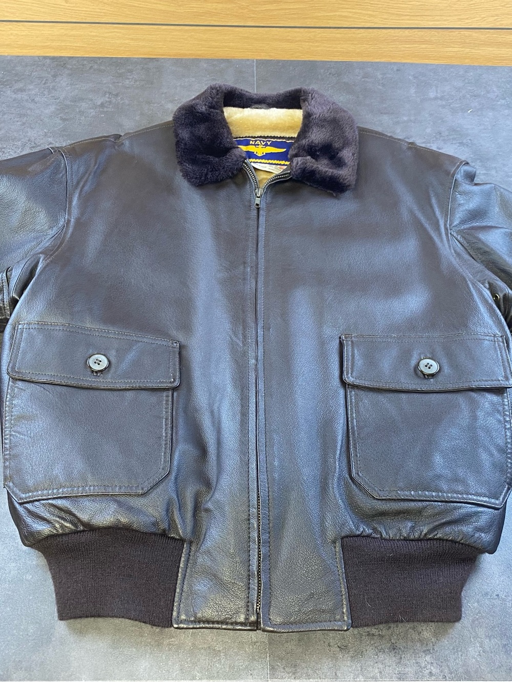 Men's Navy Style G-1 Brown Leather sherpa lined Bomber Jacket-med-CLEAN‎